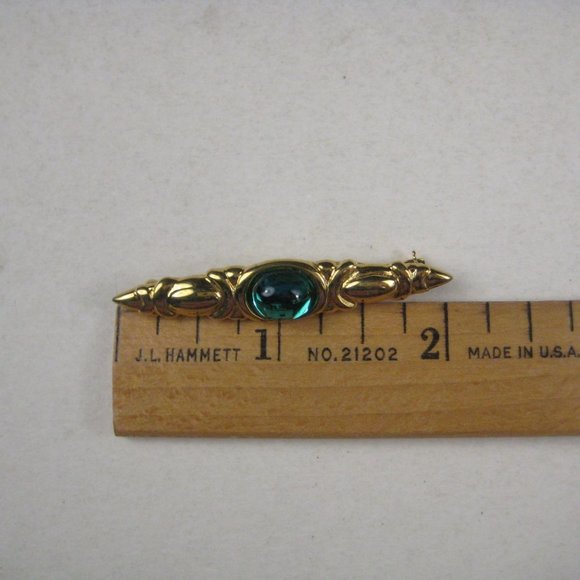 Monet Bar Brooch Pin Goldtone Green Glass Cabachon Vintage STYLE - Picture 2 of 10